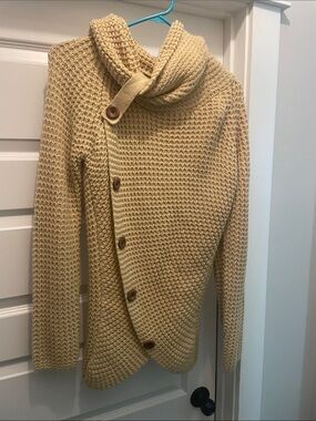 Asymmetric Button Shawl-Collar Sweater - Cream